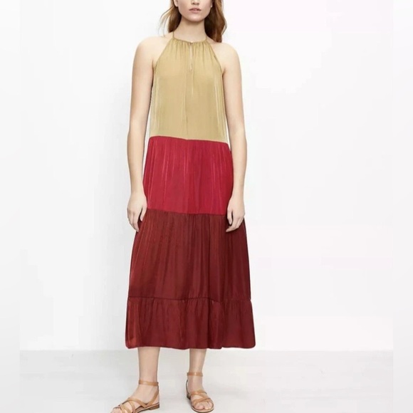LOFT  Beach Colorblock Tiered Halter Midi Dress - Henna Red - Size S - Picture 1 of 8